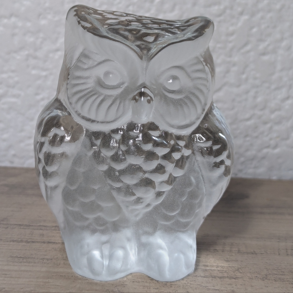 Viking Handmade Clear/Frosted Glass Owl Paperweight/ Bookend